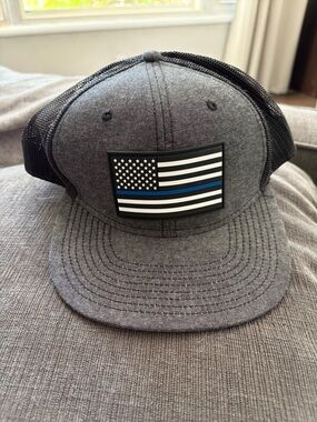 Gray & Mesh Trucker Hat with Thin Blue Line Flag Patch